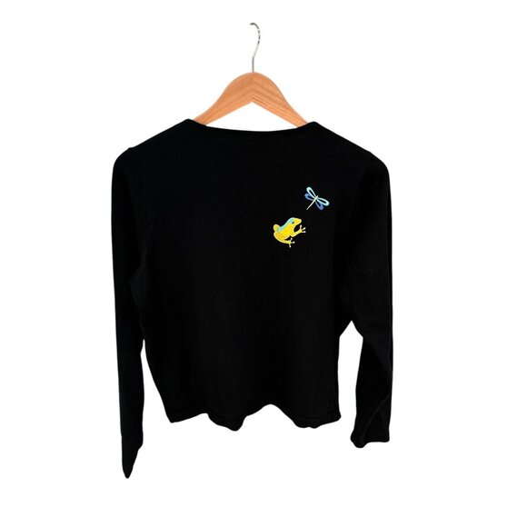 Emma Tricot Womens Black Cardigan Frog & Dragonfly Embroidery Size M 100% Cotton - Picture 3 of 5